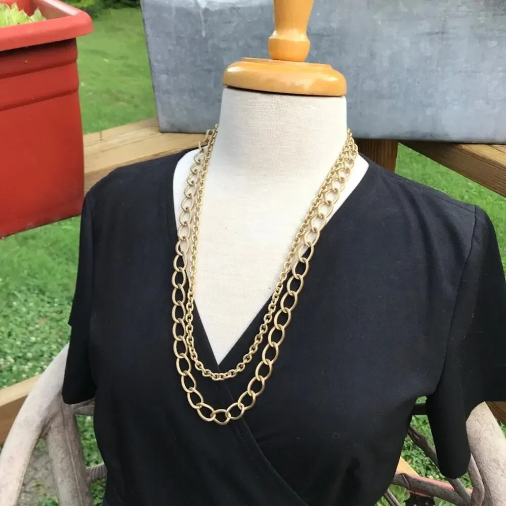 Textured double strand gold-tone oval link layer necklace - large links